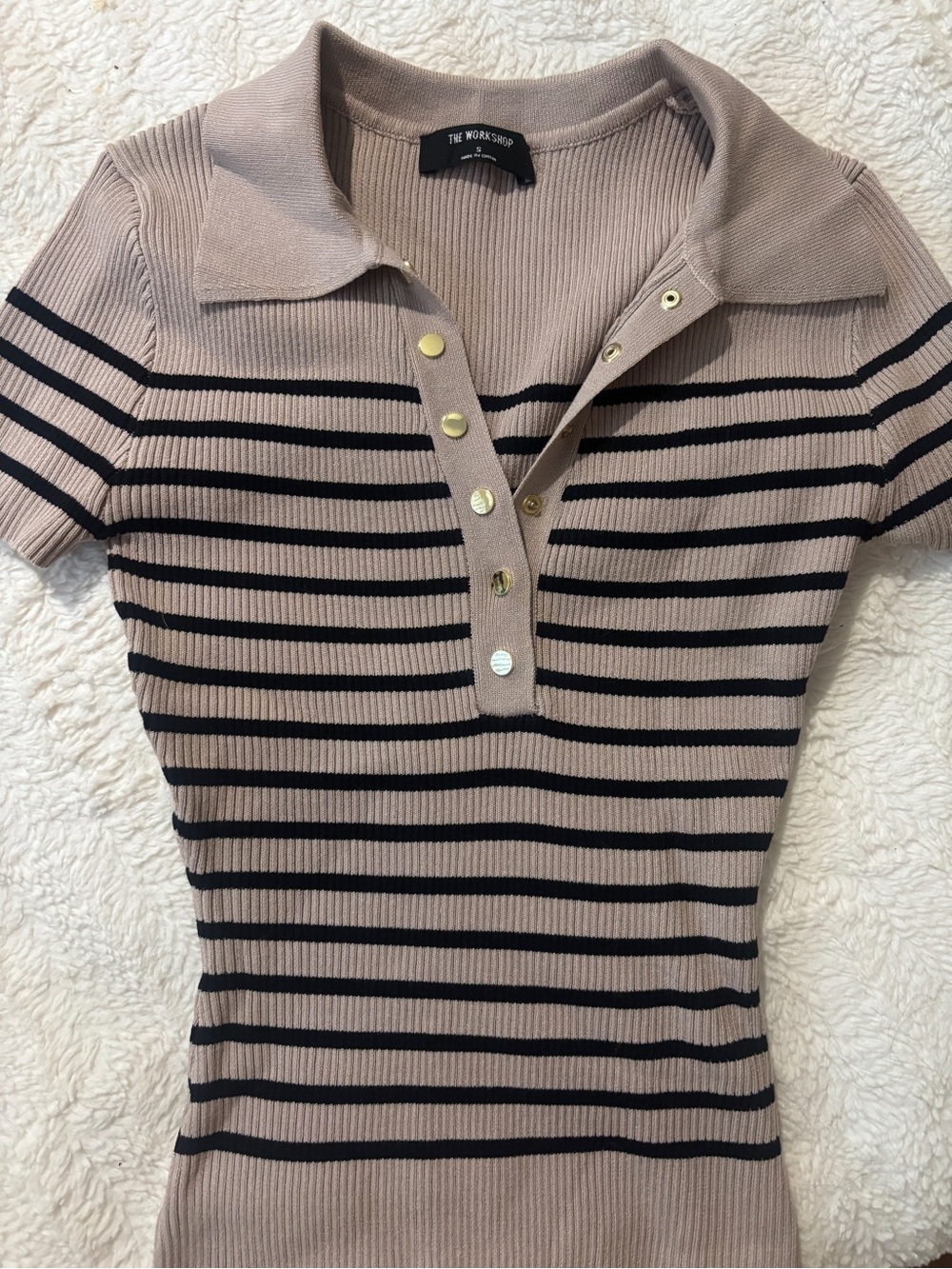 Striped Polo Knit Top in Taupe and Black